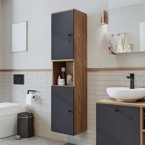 ROOMART Badezimmermöbel Set Lotus 65 cm 4 Teilig mit Keramik Waschbecken (Anthrazit-Eiche, Hochschrank-150 cm) von ROOMART