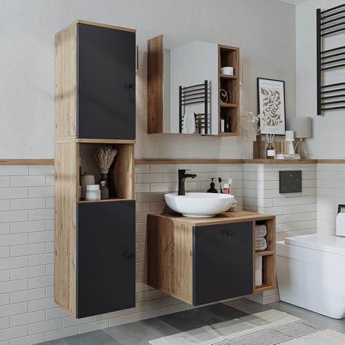 ROOMART Badezimmermöbel Set Lotus 65 cm 4 Teilig mit Keramik Waschbecken (Anthrazit-Eiche, Komplett-Set) von ROOMART