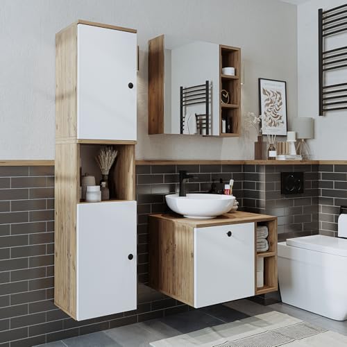 ROOMART Badezimmermöbel Set Lotus 65 cm 4 Teilig mit Keramik Waschbecken (Weiß-Eiche, Komplett-Set) von ROOMART