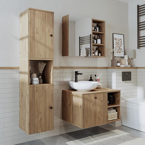 ROOMART Badezimmermöbel Set Lotus 75 cm 4 Teilig mit Keramik Waschbecken (Eiche, Komplett-Set) von ROOMART