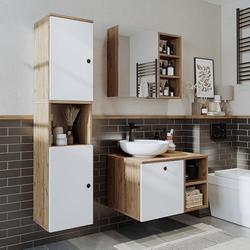 ROOMART Badezimmermöbel Set Lotus 75 cm 4 Teilig mit Keramik Waschbecken (Weiß-Eiche, Komplett-Set) von ROOMART