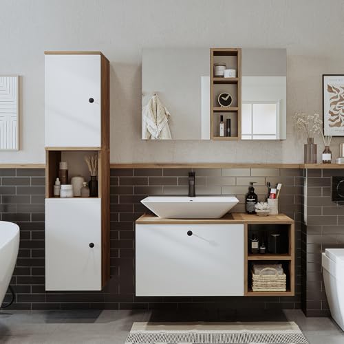 ROOMART Badezimmermöbel-Set Lotus I, 95 cm, 4-teilig – mit Keramik Waschbecken, Spiegelschrank, Unterschrank mit Seitenschrank – modernes Badmöbel Set (Weiß-Eiche, Komplett-Set) von ROOMART
