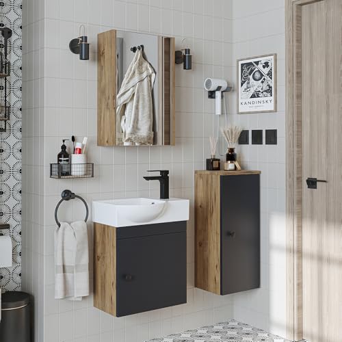 ROOMART Badmöbel-Set • Punto • Unterschrank mit Waschbecken • Badezimmermöbel • Gäste-WC (Anthrazit-Eiche, Komplett-Set (Wasserhahn-rechts)) von ROOMART