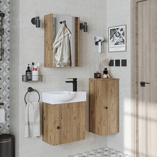 ROOMART Badmöbel-Set • Punto • Unterschrank mit Waschbecken • Badezimmermöbel • Gäste-WC (Eiche, Komplett-Set (Wasserhahn-rechts)) von ROOMART