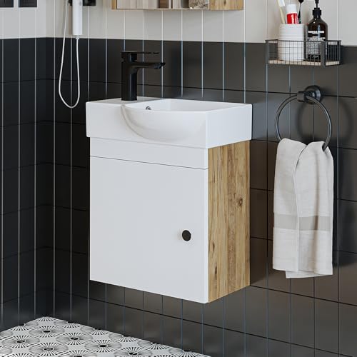ROOMART Badmöbel-Set • Punto • Unterschrank mit Waschbecken • Badezimmermöbel • Gäste-WC (Weiß-Eiche, Unterschrank mit Waschbecken (Wasserhahn-Links)) von ROOMART