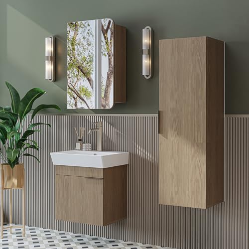 ROOMART Badmöbelset LYCIA 50 cm Unterschrank mit Keramik-Waschbecken, Spiegelschrank, Seitenschrank, Badezimmermöbel in 4 Farben (Eiche, Komplett-Set) von ROOMART