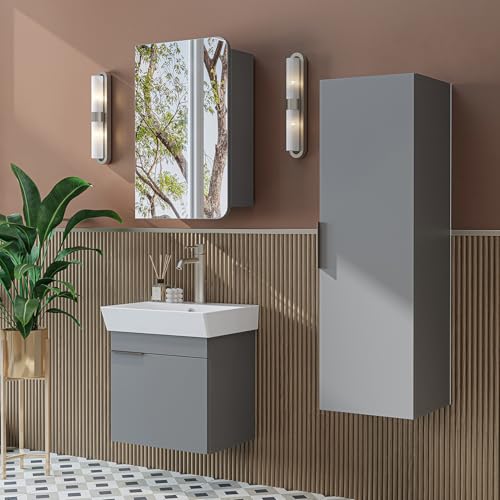 ROOMART Badmöbelset LYCIA 50 cm Unterschrank mit Keramik-Waschbecken, Spiegelschrank, Seitenschrank, Badezimmermöbel in 4 Farben (Hellgrau, Komplett-Set) von ROOMART