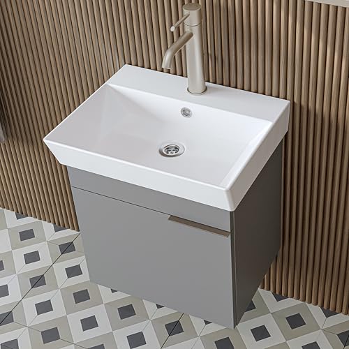 ROOMART Badmöbelset LYCIA 50 cm Unterschrank mit Keramik-Waschbecken, Spiegelschrank, Seitenschrank, Badezimmermöbel in 4 Farben (Hellgrau, Unterschrank mit Waschbecken) von ROOMART