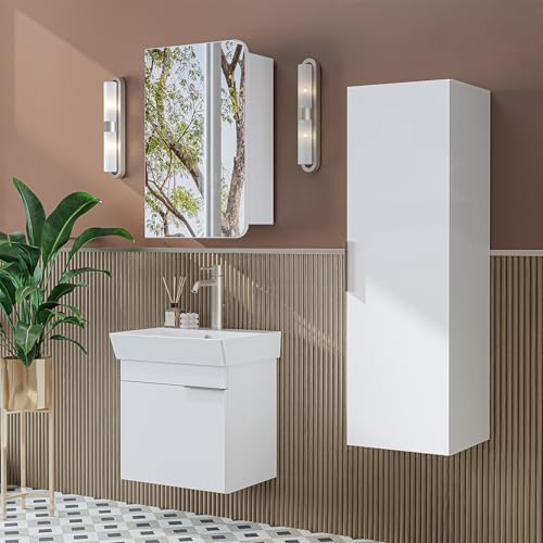ROOMART Badmöbelset LYCIA 50 cm Unterschrank mit Keramik-Waschbecken, Spiegelschrank, Seitenschrank, Badezimmermöbel in 4 Farben (Weiß, Komplett-Set) von ROOMART