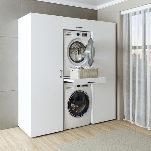 ROOMART Schrankwand Trockner auf Waschmaschine 187 cm breit Weiß, Eiche, Schwarz Eiche Waschmaschinenschrank (Weiß, HBT: 205 X 187 X 67 cm) von ROOMART