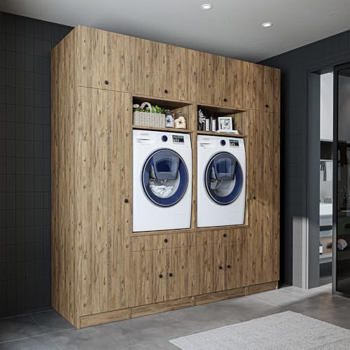 ROOMART Schrankwand für Waschküche & Hauswirtschaftsraum – 224 cm – Hochschrank mit Ausziehbrett – Waschmaschinenumbauschrank & Stauraumregal (Eiche, V1 : 224 x 230 x 67 cm (B x H x T)) von ROOMART