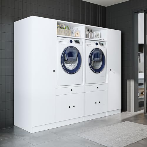 ROOMART Schrankwand für Waschküche & Hauswirtschaftsraum – 224 cm – Hochschrank mit Ausziehbrett – Waschmaschinenumbauschrank & Stauraumregal (Eiche, V2 : 224 x 184 x 67 cm (B x H x T)) von ROOMART