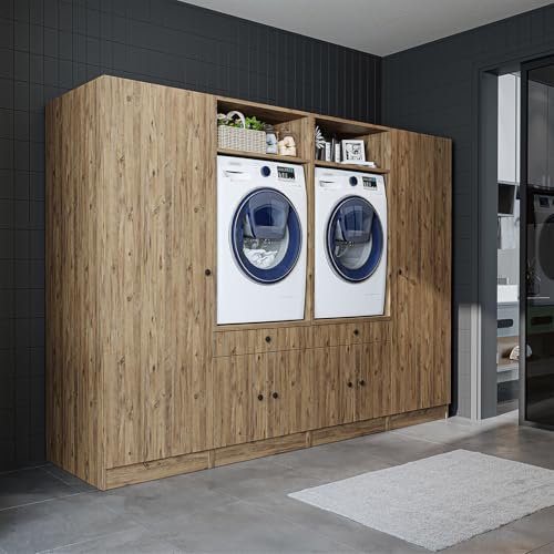 ROOMART Schrankwand für Waschküche & Hauswirtschaftsraum – 254 cm – Hochschrank mit Ausziehbrett – Waschmaschinenumbauschrank & Stauraumregal (Eiche, V2 : 254 x 184 x 67 cm (B x H x T)) von ROOMART
