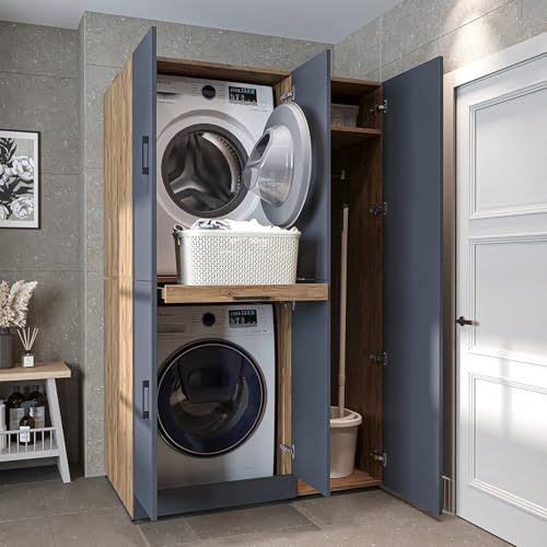 ROOMART Waschmaschinenschrank Dora Set für Trockner & Waschmaschine, in 4 Farben, mit Türen & Ausziehbrett • Weiß • Weiß Eiche • Anthrazit Eiche • Eiche (Anthrazit Eiche) von ROOMART