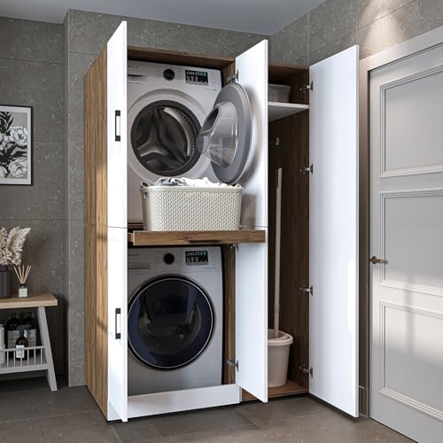 ROOMART Waschmaschinenschrank Dora Set für Trockner & Waschmaschine, in 4 Farben, mit Türen & Ausziehbrett • Weiß • Weiß Eiche • Anthrazit Eiche • Eiche (Weiß Eiche) von ROOMART