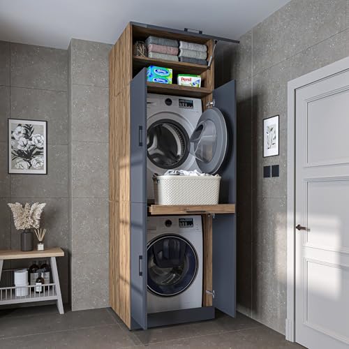 ROOMART Waschmaschinenschrank Dora für Trockner & Waschmaschine, in 4 Farben, mit Türen & Ausziehbrett (Anthrazit-Eiche - 230 cm hoch -) von ROOMART