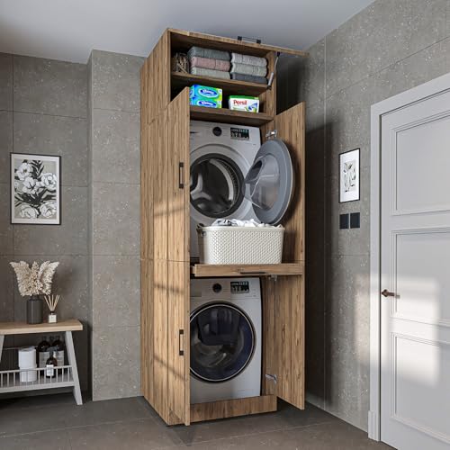 ROOMART Waschmaschinenschrank Dora für Trockner & Waschmaschine, in 4 Farben, mit Türen & Ausziehbrett (Eiche - 230 cm hoch -) von ROOMART