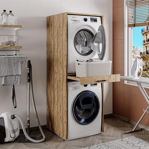 ROOMART Waschmaschinenschrank für Trockner & Waschmaschine mit Ausziehbrett in Eiche Überbauschrank Badezimmer (Eiche, Ohne Klappschrank) von ROOMART