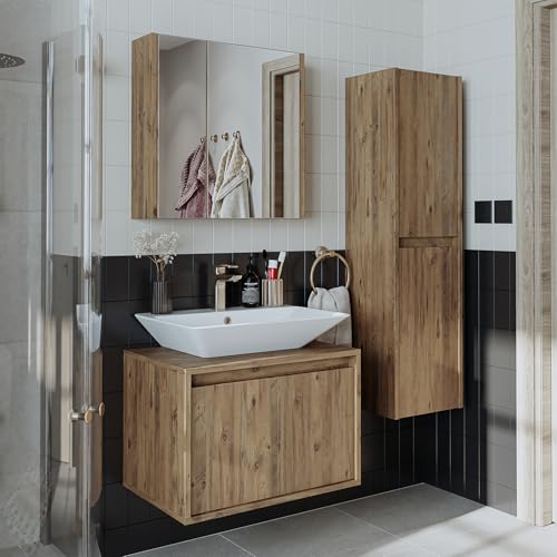 ROOMART • Badezimmer Möbel Set • Atlantic • 4 Teilig • 65cm Unterschrank mit Keramikwaschbecken • Spiegelschrank • Hochscrank (Eiche) von ROOMART