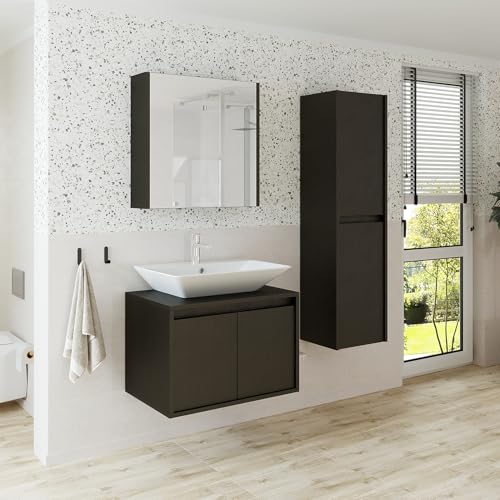 ROOMART • Badezimmer Möbel Set • Atlantic • 4 Teilig • 65cm Unterschrank mit Keramikwaschbecken • Spiegelschrank • Hochscrank (Schwarz) von ROOMART