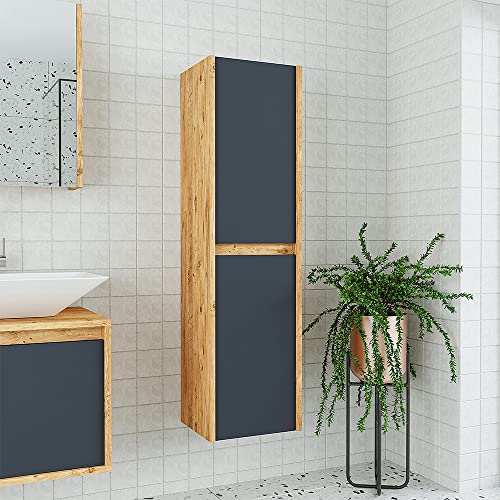 ROOMART • Badezimmermöbel Set • Atlantic • 4 Teilig Badezimmerschrank • 100 cm Unterschrank mit Keramikwaschbecken • Spiegelschrank • Hochscrank (Anthrazit Eiche, Hochschrank) von ROOMART