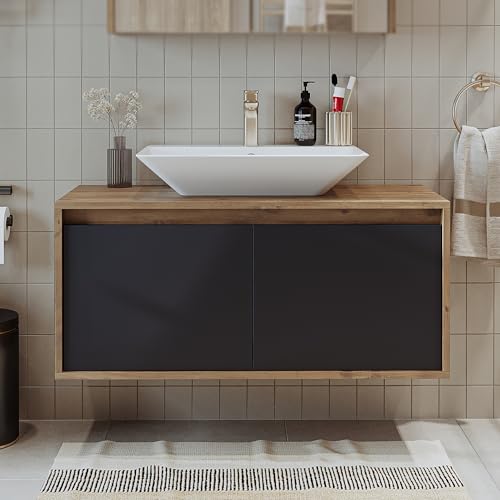 ROOMART • Badezimmermöbel Set • Atlantic • 4 Teilig Badezimmerschrank • 100 cm Unterschrank mit Keramikwaschbecken • Spiegelschrank • Hochscrank (Anthrazit Eiche, Waschbecken mit Unterschrank) von ROOMART