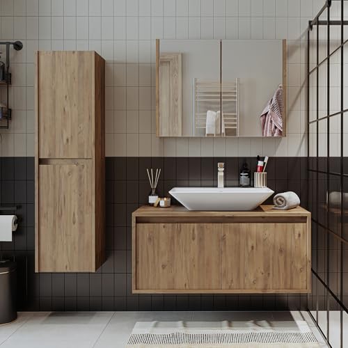 ROOMART • Badezimmermöbel Set • Atlantic • 4 Teilig Badezimmerschrank • 100 cm Unterschrank mit Keramikwaschbecken • Spiegelschrank • Hochscrank (Eiche, Komplett Set) von ROOMART