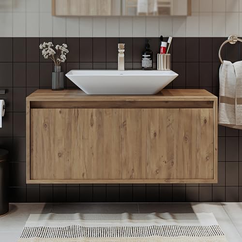 ROOMART • Badezimmermöbel Set • Atlantic • 4 Teilig Badezimmerschrank • 100 cm Unterschrank mit Keramikwaschbecken • Spiegelschrank • Hochscrank (Eiche, Waschbecken mit Unterschrank) von ROOMART