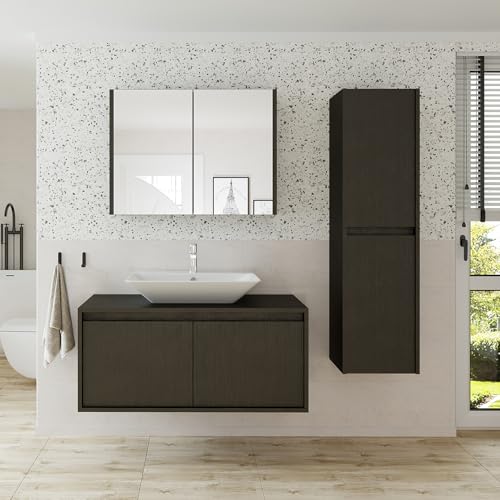 ROOMART • Badezimmermöbel-Set „Atlantic“ • 4-teiliges Badezimmerschrank-Set • 100 cm Unterschrank mit Keramikwaschbecken • Spiegelschrank • Hochschrank (Farbe: Schwarz Eiche, Komplett-Set) von ROOMART