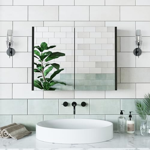 ROOMART • Badezimmermöbel Atlantic • Badezimmerschrank • Spiegelschrank mit 2 Türen (Schwarz Eiche, Spiegelschrank) von ROOMART