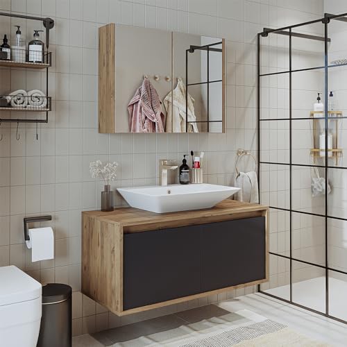 ROOMART • Badmöbel Set • Atlantic • 3-teilig • Keramik Waschbecken mit Unterschrank 65 cm, 85 cm, 100 cm, Spiegelschrank 80 cm (Anthrazit - Eiche, 100 cm) von ROOMART