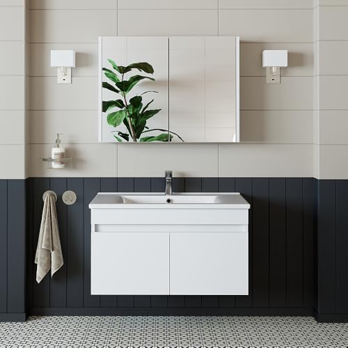 ROOMART • Badmöbel Set • Atria Badezimmermöbel 85 cm • Weiß • Waschbecken mit Unterschrank • Spiegelschrank (Unterschrank mit Waschbecken + Spiegelschrank, 85 cm) von ROOMART