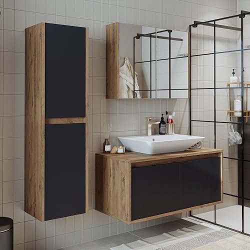 ROOMART • Badmöbel Set •Atlantic • 4 Teilig • 100 cm Unterschrank mit Keramikwaschbecken • Spiegelschrank • Hochscrank (Anthrazit Eiche) von ROOMART