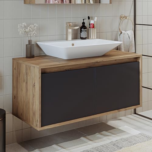 ROOMART • Badmöbel • Atlantic • Keramik Waschbecken mit Unterschrank 65 cm, 85 cm, 100 cm, • Weiß - Eiche • Anthrazit-Eiche • Weiß (Anthrazit-Eiche, 100 cm) von ROOMART