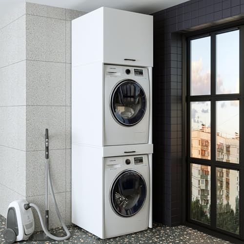 ROOMART • Waschmaschinenschrank für Trockner & Waschmaschine • mit Ausziehbrett • Weiß • Schwarz Eiche • Überbauschrank (- Weiß, Mit 57 cm Klappschrank) von ROOMART