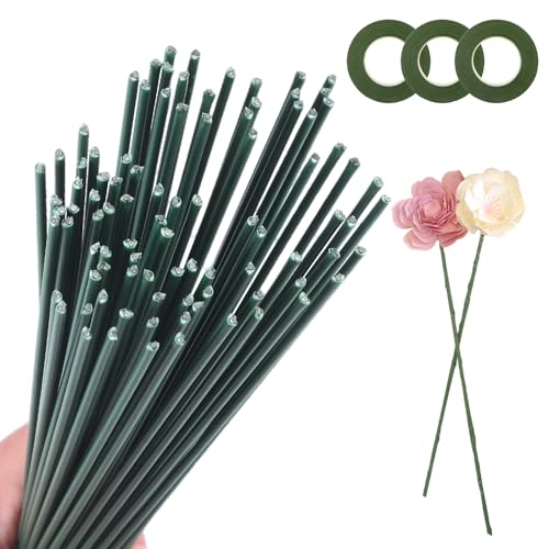 100 Pfeifenputzer zum Basteln, Blumendraht Grün, 2mm X 30cm Blumenstamm Steckdraht mit 3 Floristenband, Draht zum Basteln, für Selbstgemachte Kränze, Sträuße Oder Andere Bastelarbeiten von ROOMHUAWAY