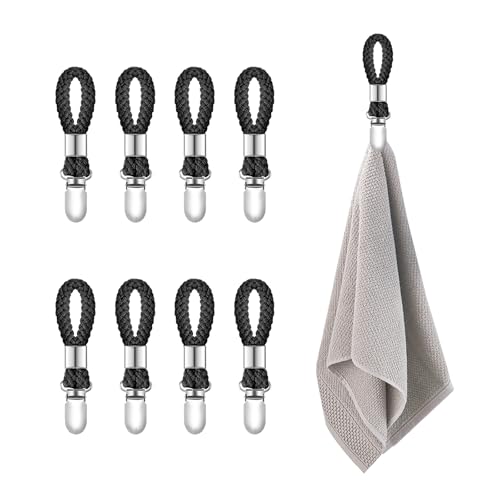 ROOMHUAWAY 8 Stück Handtuchklammern, Aufhänger für Handtücher Geschirrtuchhalter Handtuch Aufhänger Handtuchaufhänger Ohne Nähen für Wohnküchen Handtuch Klammern Handtuchclips mit Schlaufen von ROOMHUAWAY