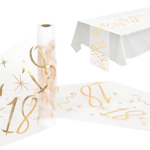 Tischdeko Geburtstag - 28cm X 10m Tischläufer Gold, 18 Geburtstag Deko für Junge Mädchen, Gold Tüll Hot Stamped Tischfahne Tischband Rolle für Jubiläumsfeiern und Party Events von ROOMHUAWAY