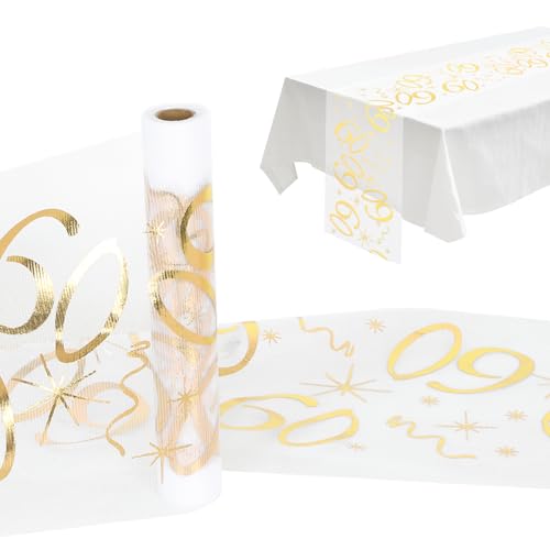 Tischdeko Geburtstag - 28cm X 10m Tischläufer Gold, 60 Geburtstag Deko für Frau Mann, Gold Tüll Hot Stamped Tischfahne Tischband Rolle für Jubiläumsfeiern und Party Events von ROOMHUAWAY