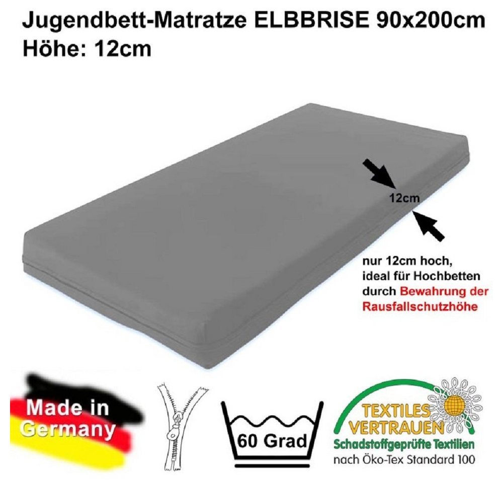 Jugendmatratze Hochbett- Kindermatratze ELBBRISE, 90x200x12cm, ÖKOTEX-100, ROOMSTAR, 12 cm hoch von ROOMSTAR