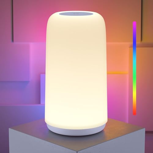 ROOTRO LED Nachttischlampe Touch Dimmbar, [Stilvolles Design mit 256 RGB-Modus] 3 Helligkeitsstufen Tischlampe für Schlafzimmer Warmweißes Licht Bunte Intelligente Lampe für Wohnzimmer Home Office von ROOTRO