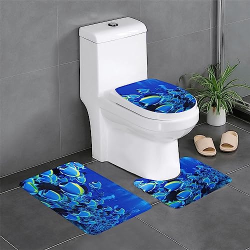 ROOZEE Blue Fishes Ocean Flanell rutschfeste Badezimmermatten-Sets 3-teilig - Dekoratives Badematten-Set, Badezimmerteppich + U-förmige Kontur-WC-Vorleger + O-förmiger Toilettensitzbezug von ROOZEE