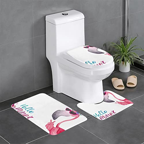 ROOZEE Flamingo Flanell rutschfeste Badezimmermatten-Sets 3-teilig - Dekoratives Badematten-Set, Badezimmerteppich + U-förmige Kontur-WC-Vorleger + O-förmiger Toilettensitzbezug von ROOZEE