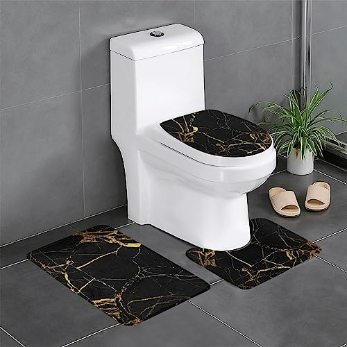 ROOZEE Stilvolle Badematten-Set mit goldfarbener Marmorierstruktur, Flanell, rutschfest, 3-teiliges Set, dekoratives Badematten-Set, Badezimmerteppich + U-förmiger Toilettensitzbezug von ROOZEE