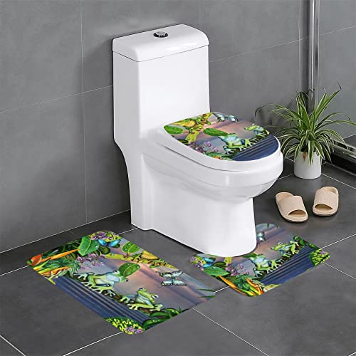 ROOZEE Viele Frösche singen auf den Zweigen Flanell rutschfeste Badezimmermatten-Sets 3-teilig - Dekoratives Badematten-Set, Badezimmerteppich + U-förmiger WC-Vorleger + Toilettensitzbezug in O-Form von ROOZEE