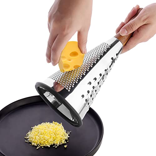 Kegel-Käsereibe mit Griff, Edelstahl, Dreifach-Funktion, Holzgriff, Parmesanrasierer, rutschfeste Gummiunterseite, Handheld, multifunktional, Gemüse, Käsereibe mit Behälter (L: 26,9 x 11,9 cm) von ROQILA