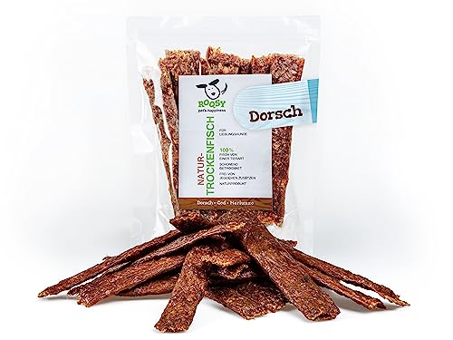 ROQSY Natur-Dörrfisch 100% DORSCH Trockenfisch für Hunde 100g, FETTARM, Barf-Ergänzung, getreidefrei, Jerky, Hundesnack, Kaustreifen, Leckerli, Kaufisch schonend getrocknet von ROQSY