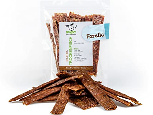 ROQSY Natur-Dörrfisch 100% Forelle Trockenfisch für Hunde 100g, FETTARM, Barf-Ergänzung, getreidefrei, Jerky, Hundesnack, Kaustreifen, Leckerli, Kaufisch schonend getrocknet von ROQSY