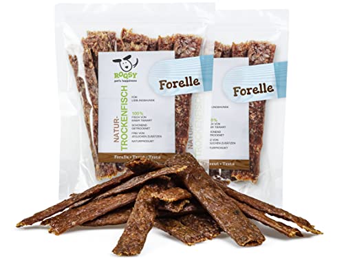 ROQSY Natur-Dörrfisch 100% Forelle Trockenfisch für Hunde 200g, FETTARM, Barf-Ergänzung, getreidefrei, Kausnack, Hundesnack, Kaustreifen, Leckerli, Kaufisch schonend getrocknet von ROQSY