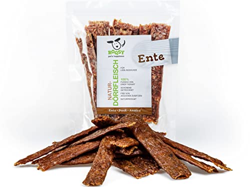 ROQSY Natur-Dörrfleisch 100% Ente Trockenfleisch für Hunde 100g Kauartikel auch für Welpen, getreidefrei, Jerky, Hundesnack, Kaustreifen, Leckerli, Kauleisch schonend getrocknet von ROQSY